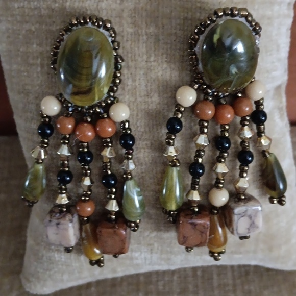 Hand Beaded Stitched Cabochon Dangle Earrings - Picture 2 of 6